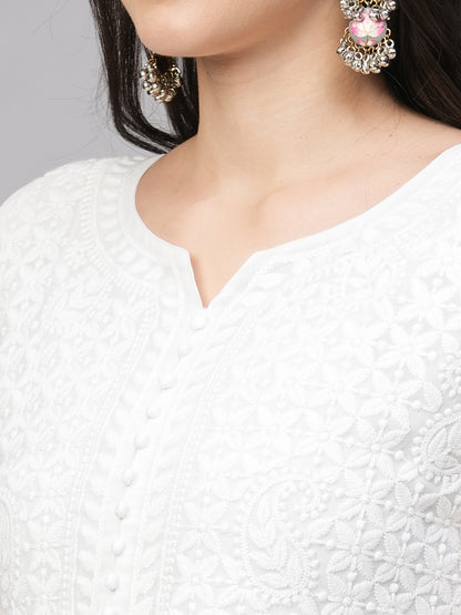 RATAN Women's Solid Georgette Tiered Chikankari Flared Kurti Gown Maxi Dress