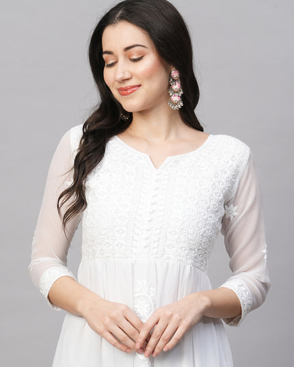 Solid Georgette Tiered Chikankari Flared Kurti Gown Maxi Dress
