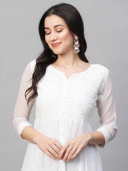 Solid Georgette Tiered Chikankari Flared Kurti Gown Maxi Dress