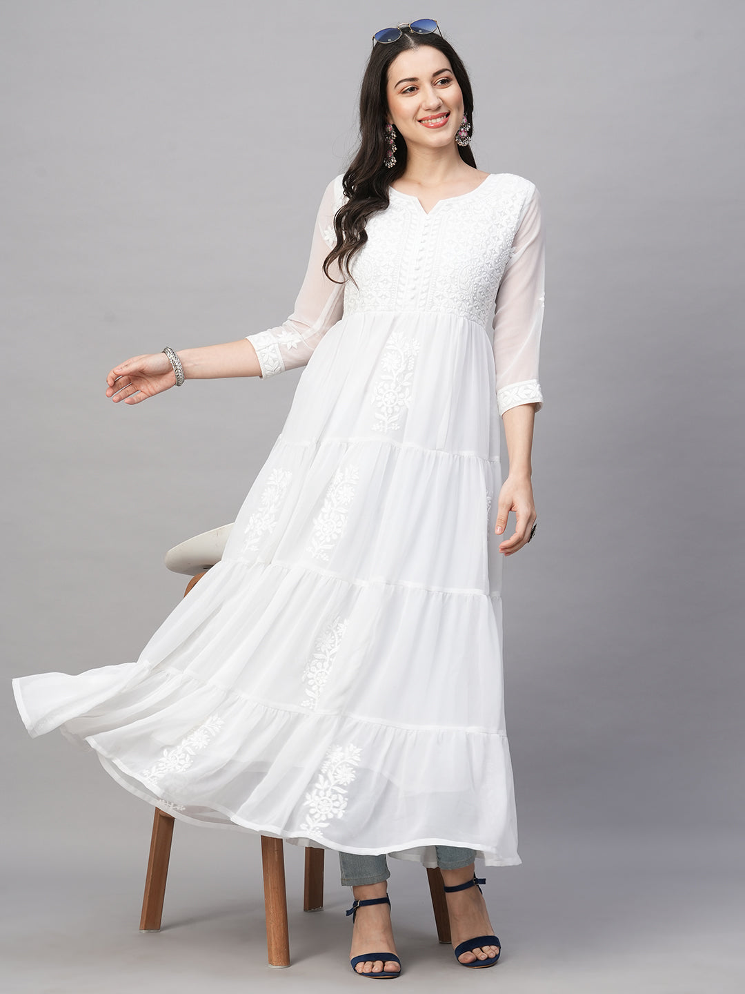 RATAN Women's Solid Georgette Tiered Chikankari Flared Kurti Gown Maxi Dress