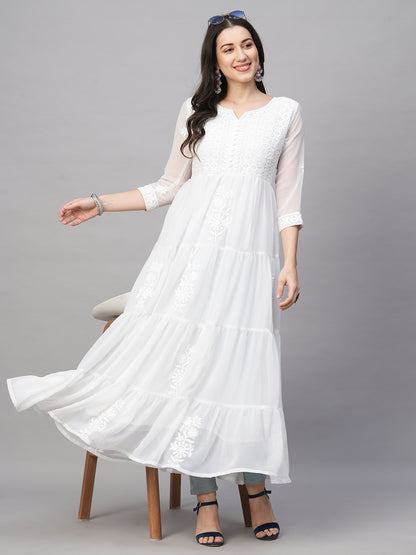 RATAN Women's Solid Georgette Tiered Chikankari Flared Kurti Gown Maxi Dress