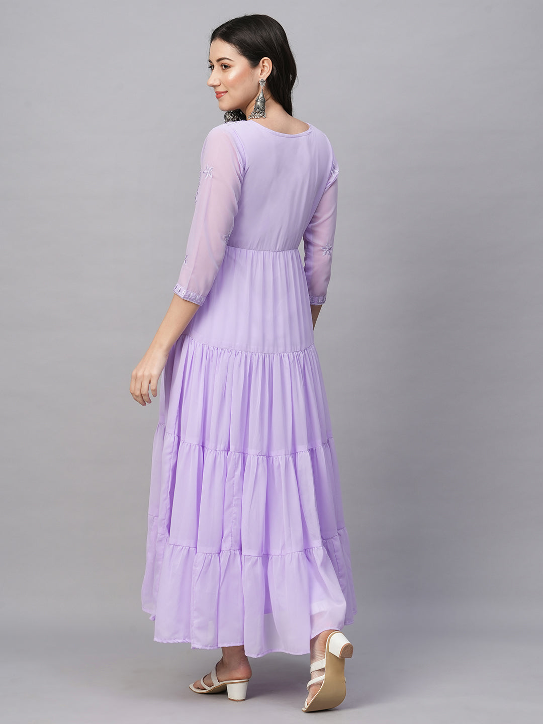 RATAN Women's Solid Georgette Tiered Chikankari Flared Kurti Gown Maxi Dress