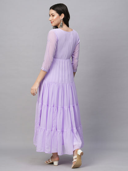 RATAN Women's Solid Georgette Tiered Chikankari Flared Kurti Gown Maxi Dress