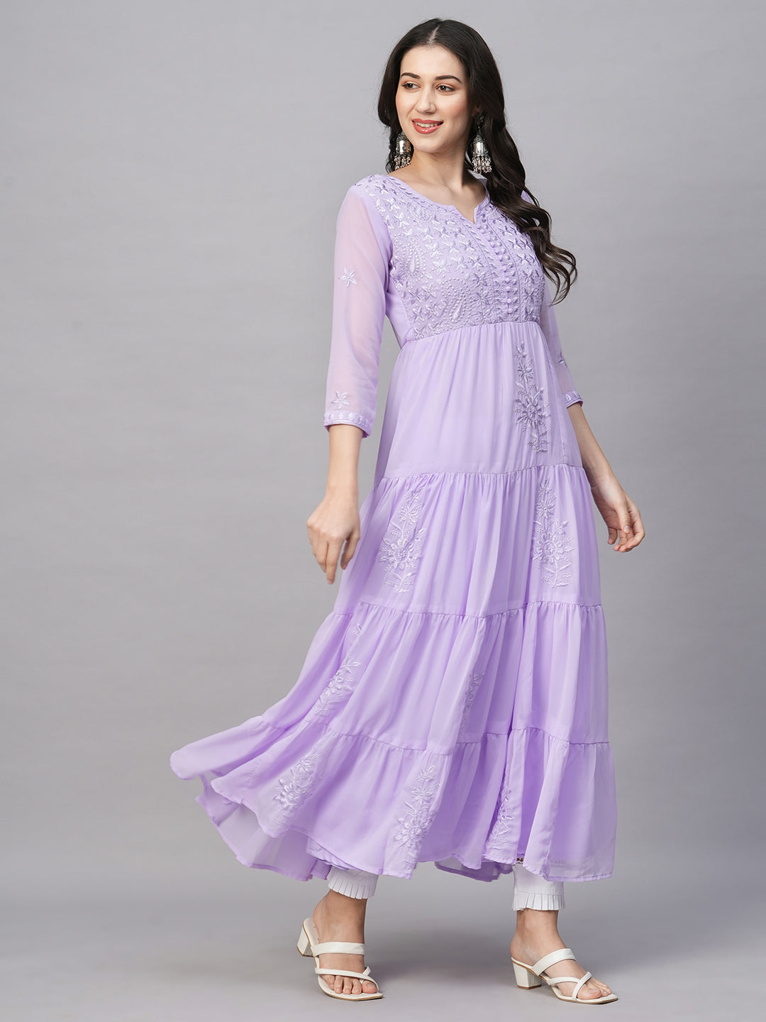 RATAN Women's Solid Georgette Tiered Chikankari Flared Kurti Gown Maxi Dress