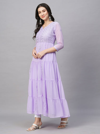 RATAN Women's Solid Georgette Tiered Chikankari Flared Kurti Gown Maxi Dress