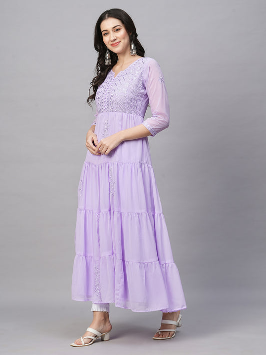 RATAN Women's Solid Georgette Tiered Chikankari Flared Kurti Gown Maxi Dress