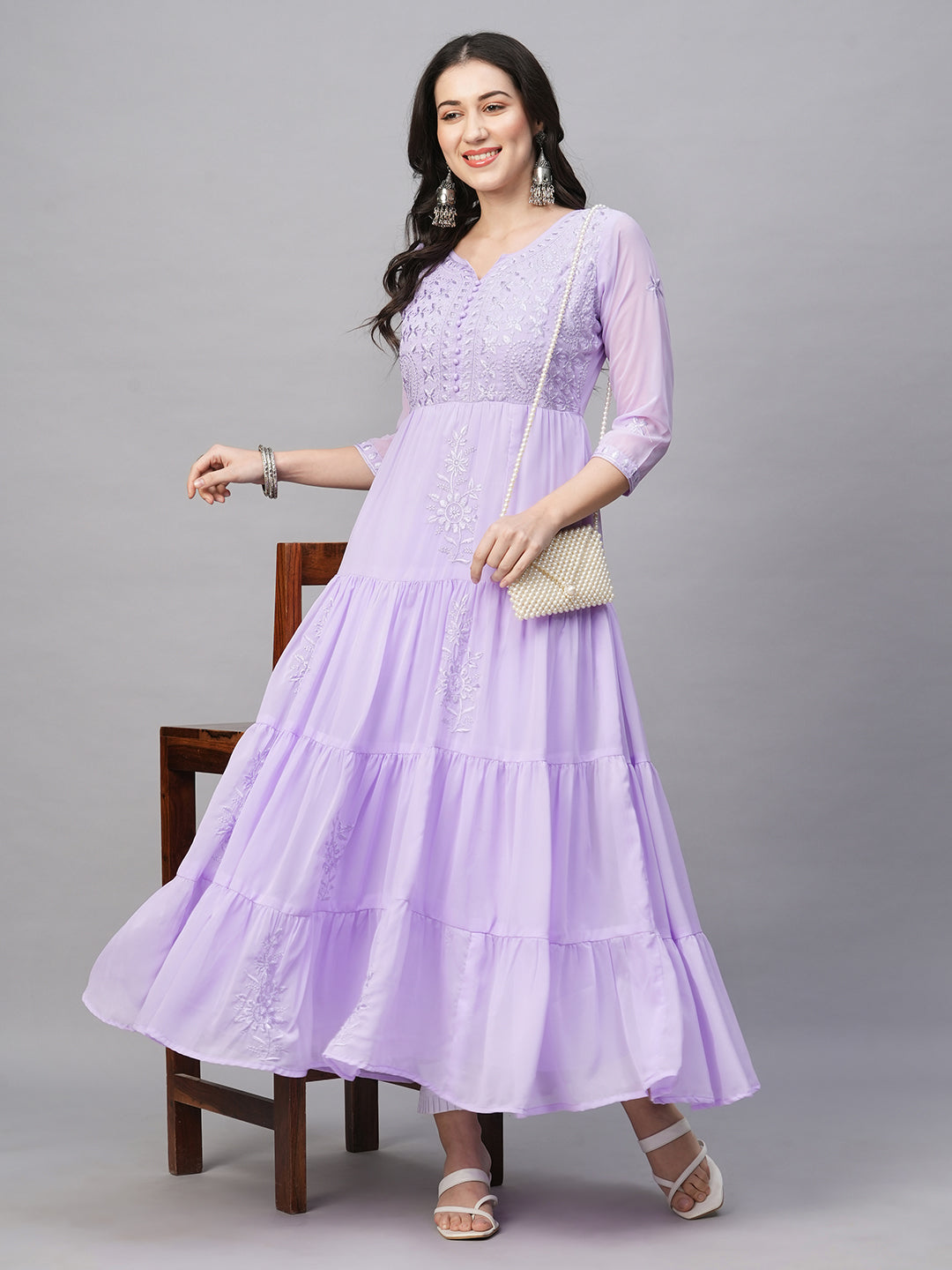 RATAN Women's Solid Georgette Tiered Chikankari Flared Kurti Gown Maxi Dress