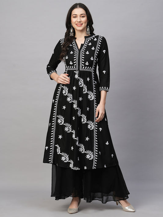 Women's Rayon Anarkali Lucknowi Chikankari Ethnic Wear Kurta