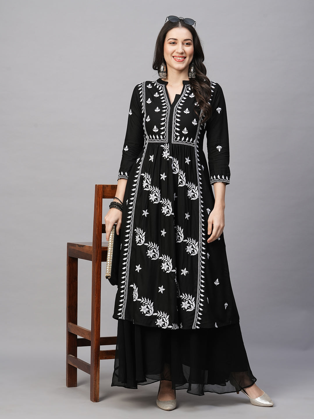 RATAN Women's Rayon Anarkali Lucknowi Chikankari Ethnic Wear Kurta
