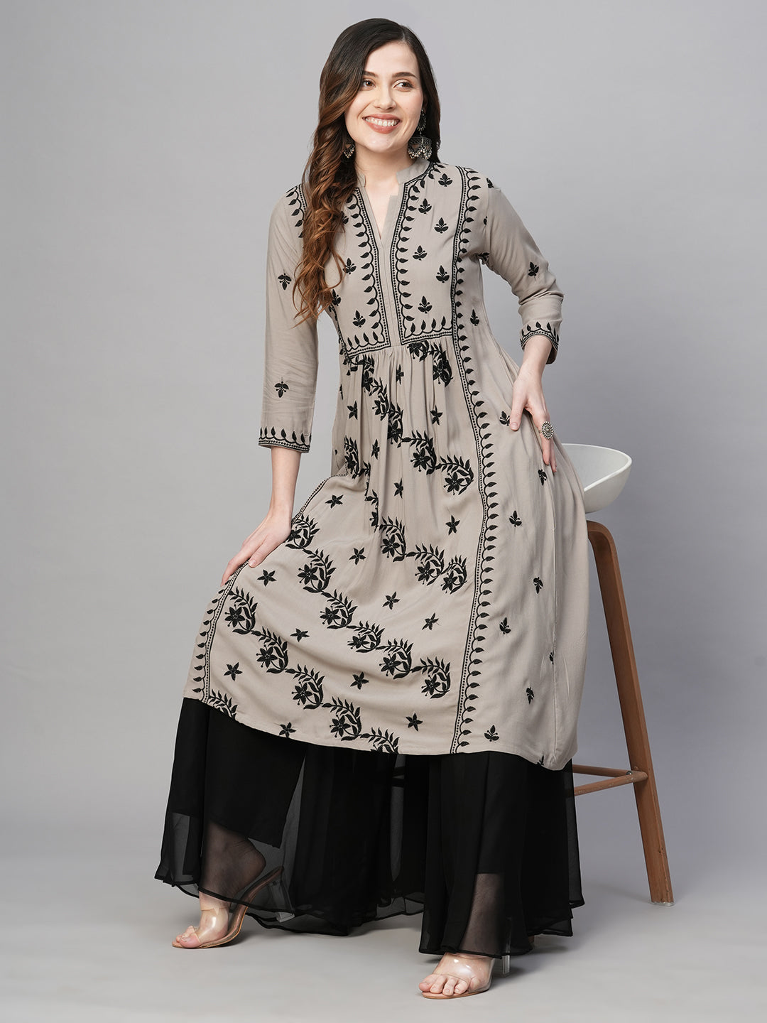 Women's Rayon Anarkali Lucknowi Chikankari Ethnic Wear Kurta