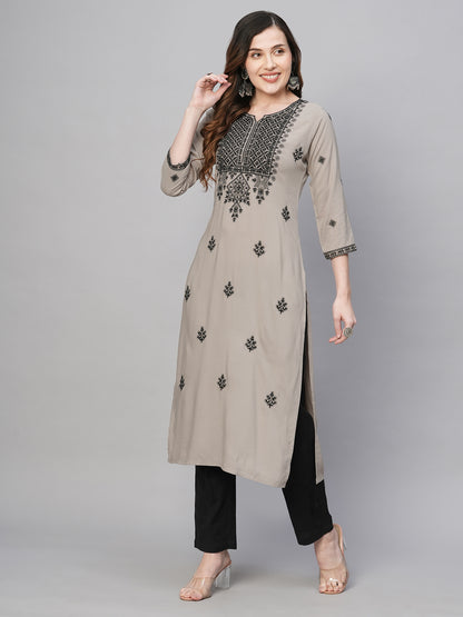 RATAN Women's Rayon Straight Lucknowi Chikankari Ethnic Wear Kurta