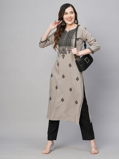 RATAN Women's Rayon Straight Lucknowi Chikankari Ethnic Wear Kurta