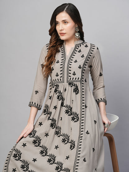 RATAN Women's Rayon Anarkali Lucknowi Chikankari Ethnic Wear Kurta