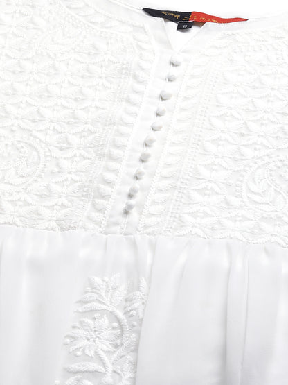 RATAN Women's Solid Georgette Tiered Chikankari Flared Kurti Gown Maxi Dress