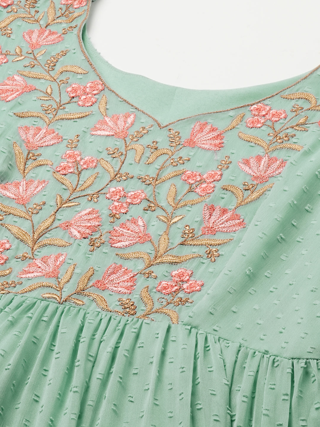 Floral Embroidered Puff Sleeve Chiffon Flared Tiered Kurta Gown Maxi Dress