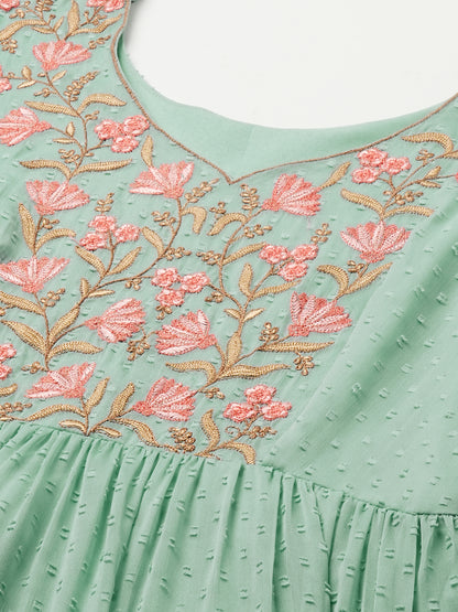 Floral Embroidered Puff Sleeve Chiffon Flared Tiered Kurta Gown Maxi Dress