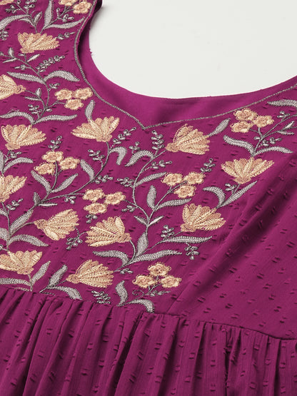 Floral Embroidered Puff Sleeve Chiffon Flared Tiered Kurta Gown Maxi Dress