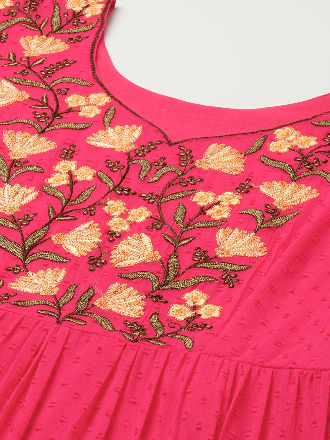 Floral Embroidered Puff Sleeve Chiffon Flared Tiered Kurta Gown Maxi Dress