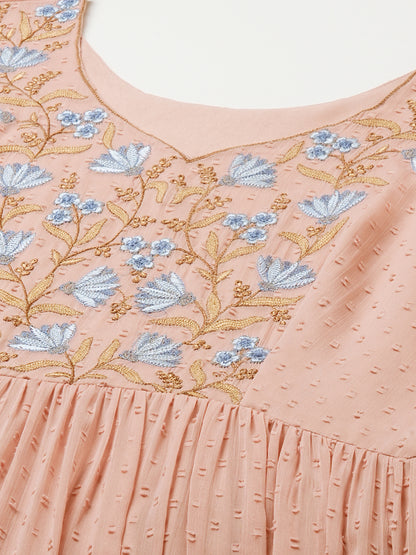 Floral Embroidered Puff Sleeve Chiffon Flared Tiered Kurta Gown Maxi Dress