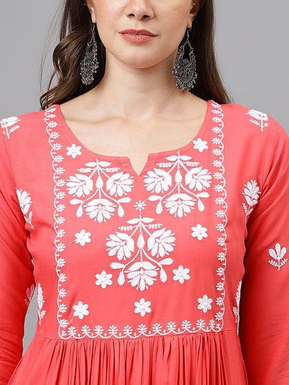 Rayon Anarkali Lucknowi Chikankari Ethnic Wear Kurta