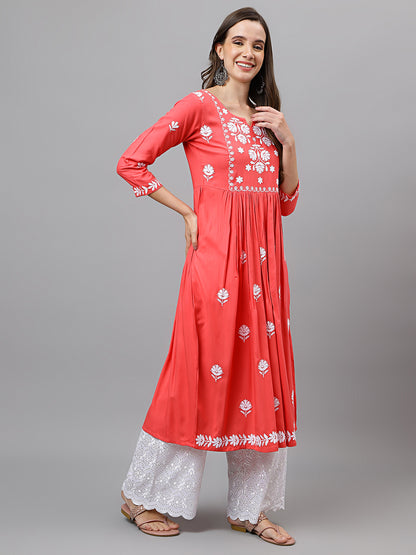 RATAN Women's Rayon Anarkali Lucknowi Chikankari Ethnic Wear Kurta