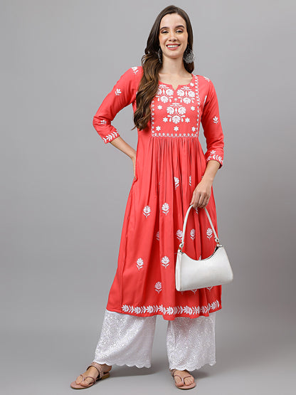 RATAN Women's Rayon Anarkali Lucknowi Chikankari Ethnic Wear Kurta
