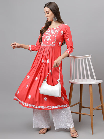 Rayon Anarkali Lucknowi Chikankari Ethnic Wear Kurta