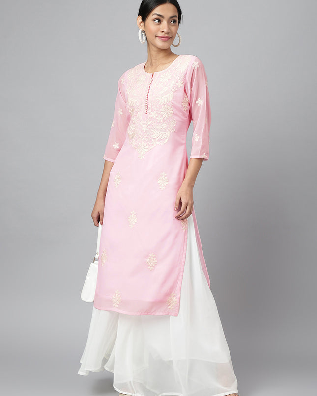 Women's Georgette Straight Lucknowi Chikankari Ethinic Wear Kurta