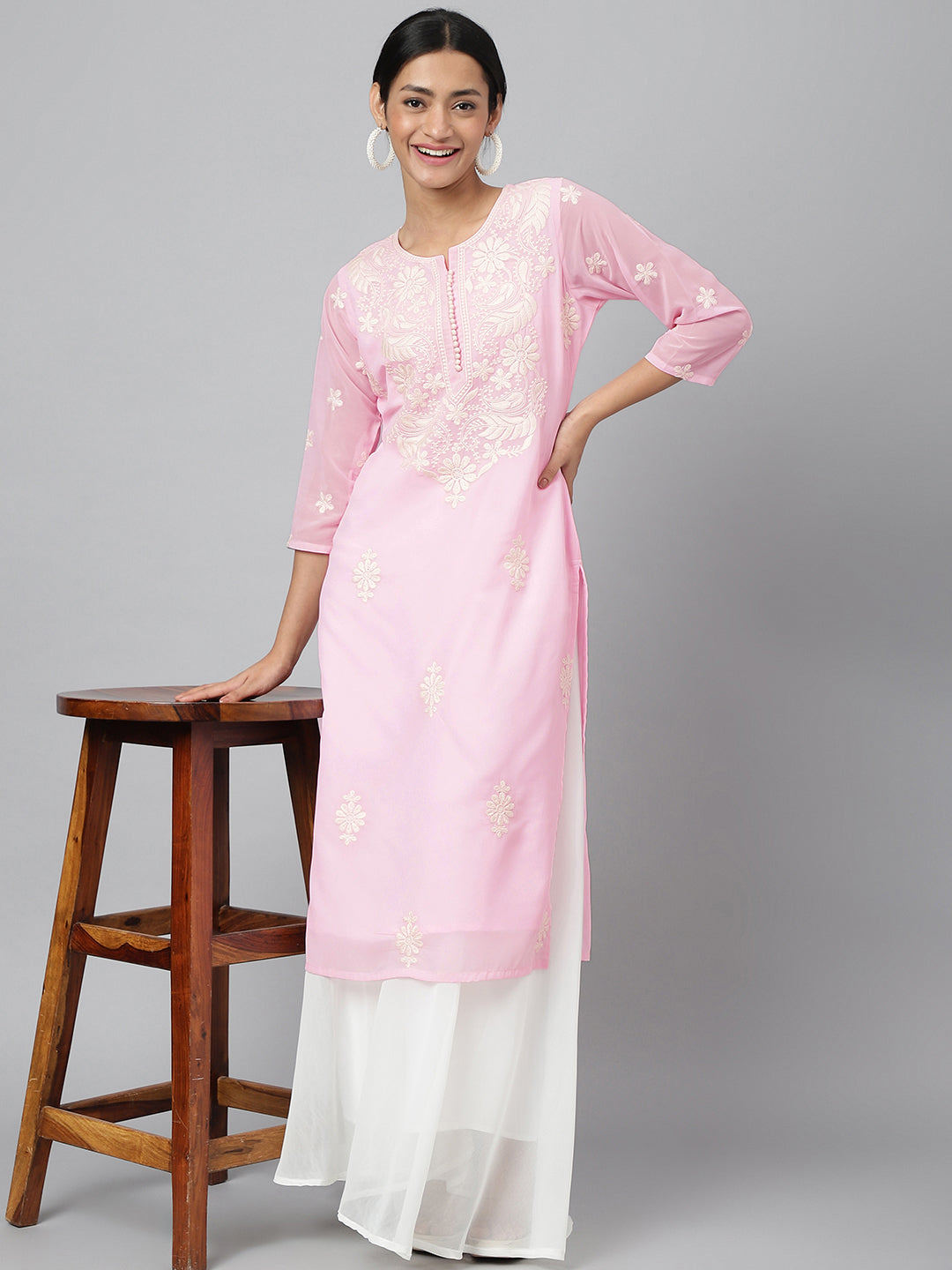 Women's Georgette Straight Lucknowi Chikankari Ethinic Wear Kurta