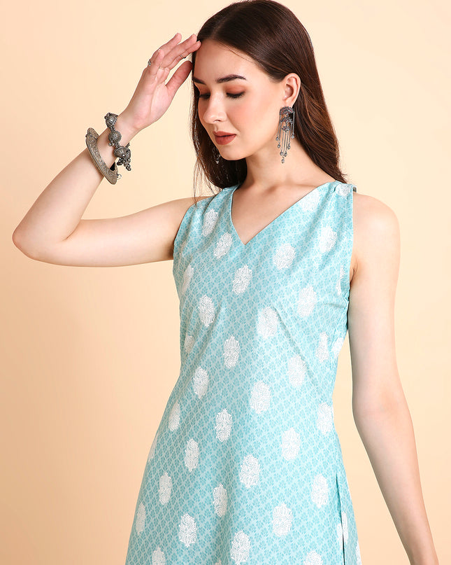 Silk Blend A-Line Floral Printed Coord Sleeveless Kurta with Palazzo Set