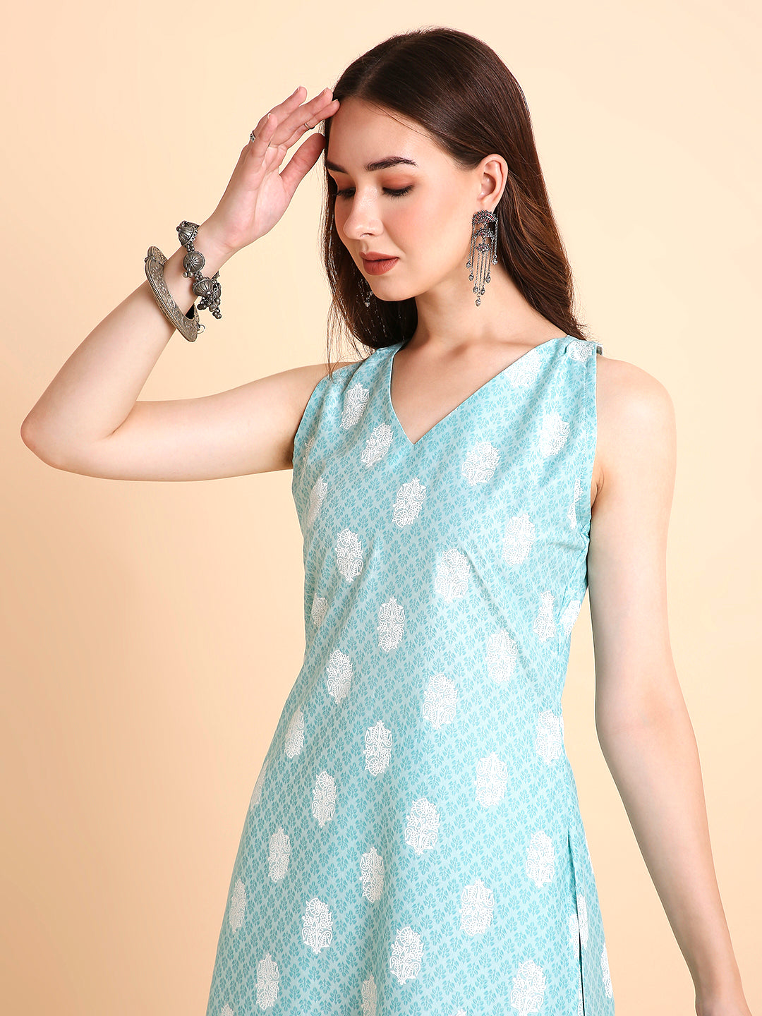 Silk Blend A-Line Floral Printed Coord Sleeveless Kurta with Palazzo Set
