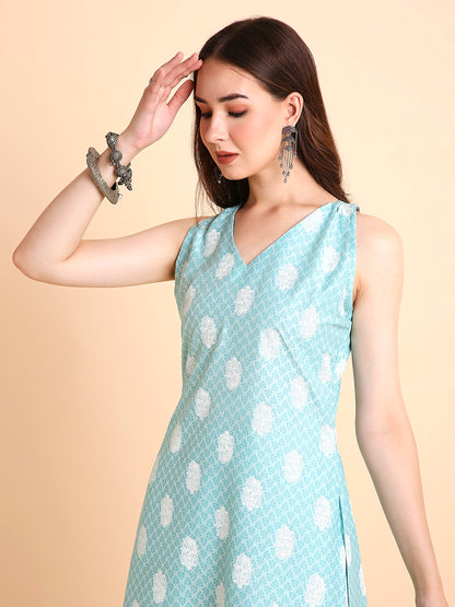 Silk Blend A-Line Floral Printed Coord Sleeveless Kurta with Palazzo Set