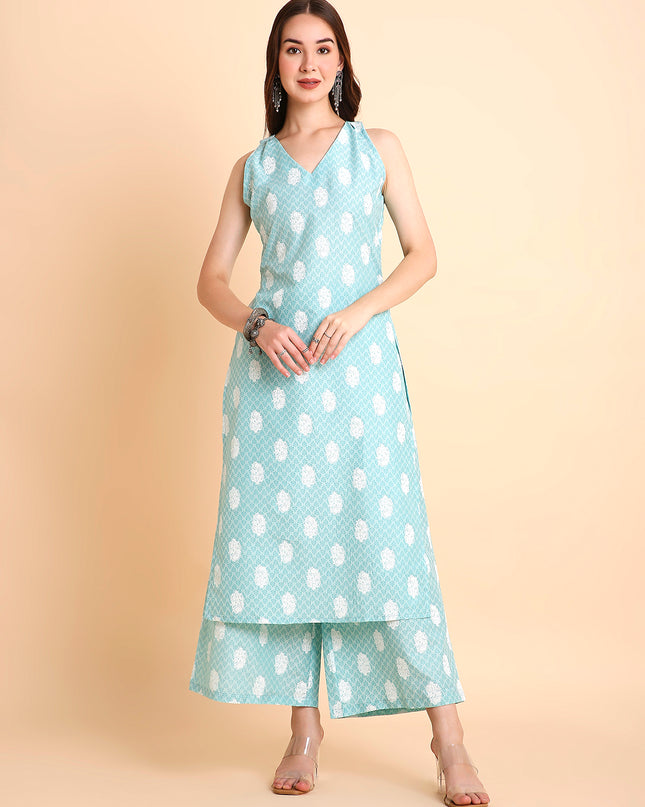 Silk Blend A-Line Floral Printed Coord Sleeveless Kurta with Palazzo Set