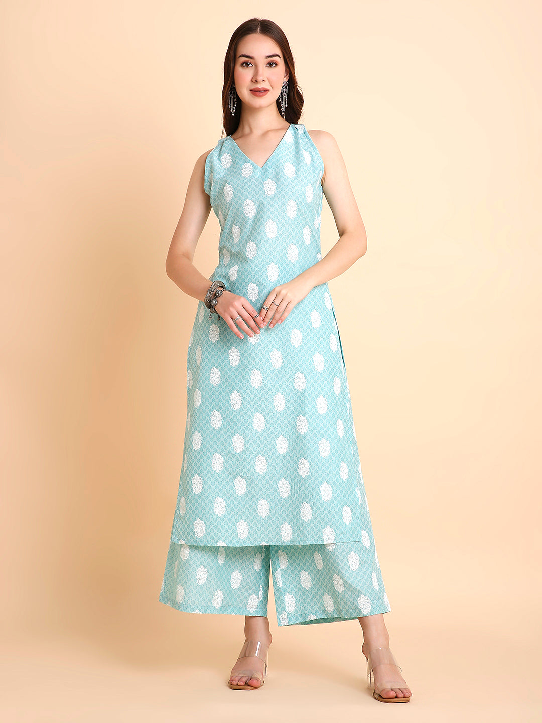 Silk Blend A-Line Floral Printed Coord Sleeveless Kurta with Palazzo Set