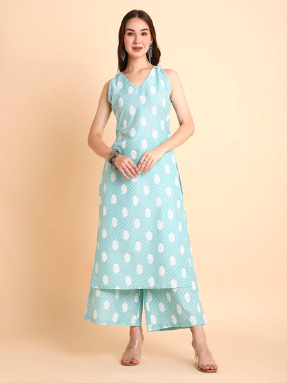 Silk Blend A-Line Floral Printed Coord Sleeveless Kurta with Palazzo Set