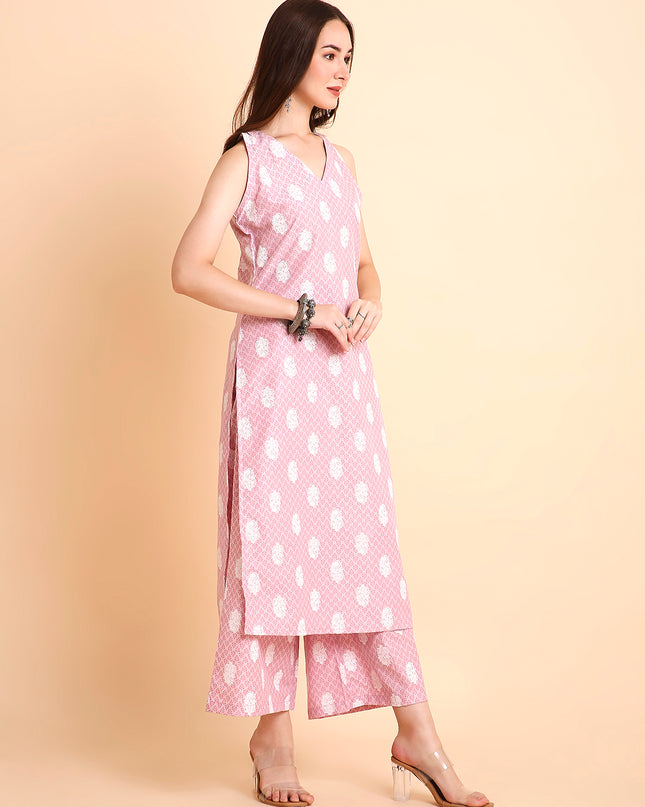 Silk Blend A-Line Floral Printed Coord Sleeveless Kurta with Palazzo Set