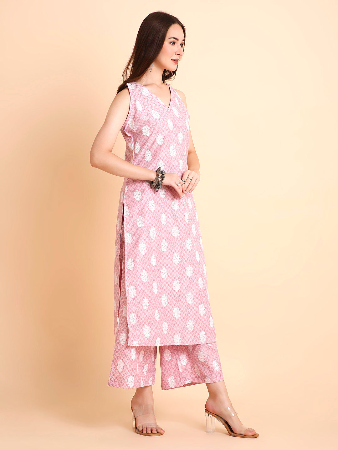Silk Blend A-Line Floral Printed Coord Sleeveless Kurta with Palazzo Set