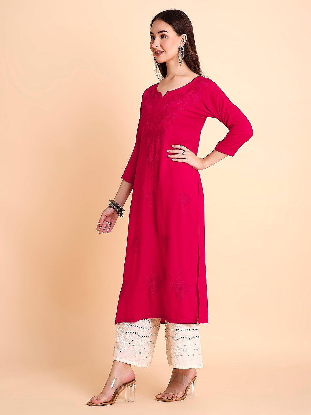 RATAN Women's Rayon Straight Lucknowi Chikankari Ethnic Wear Kurta