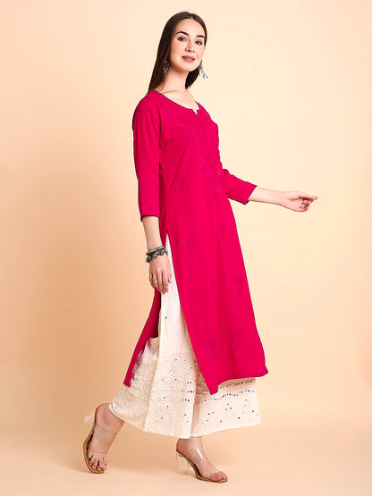 RATAN Women's Rayon Straight Lucknowi Chikankari Ethnic Wear Kurta