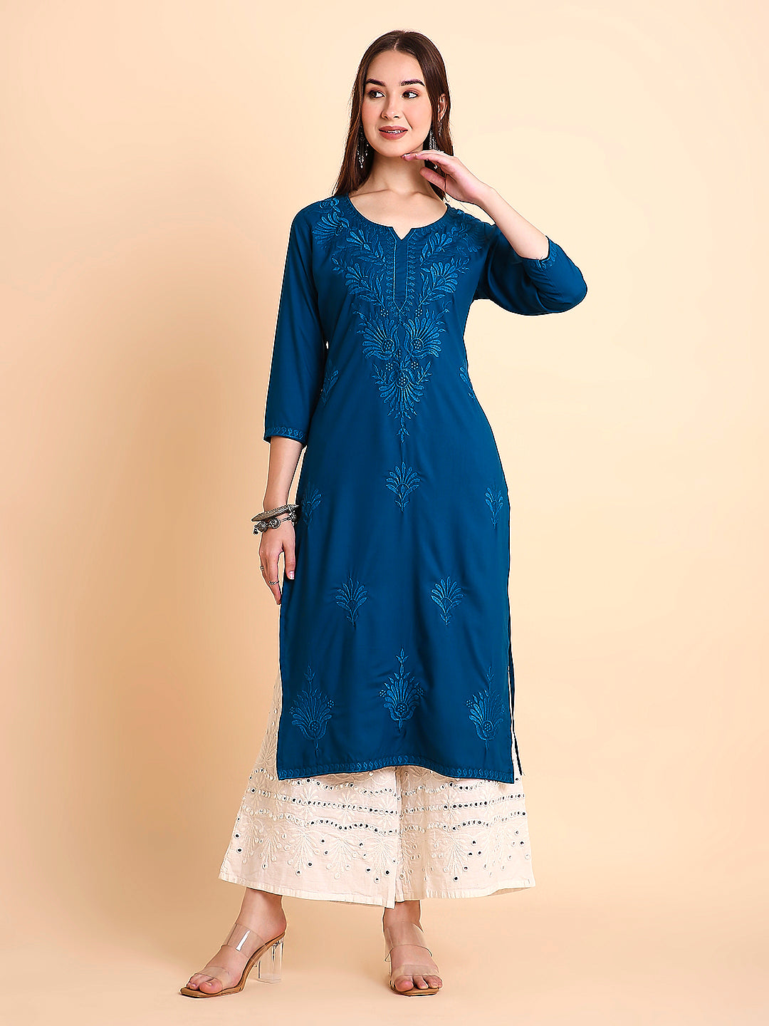 RATAN Women's Rayon Straight Lucknowi Chikankari Ethnic Wear Kurta