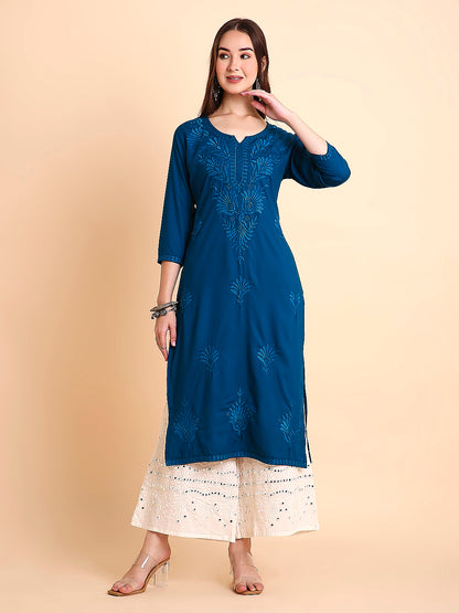 RATAN Women's Rayon Straight Lucknowi Chikankari Ethnic Wear Kurta