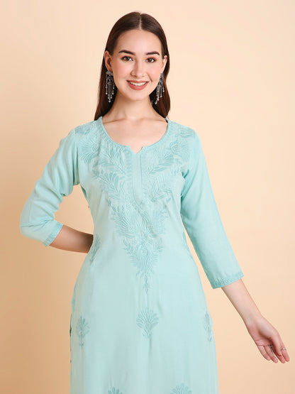 RATAN Women's Rayon Straight Lucknowi Chikankari Ethnic Wear Kurta