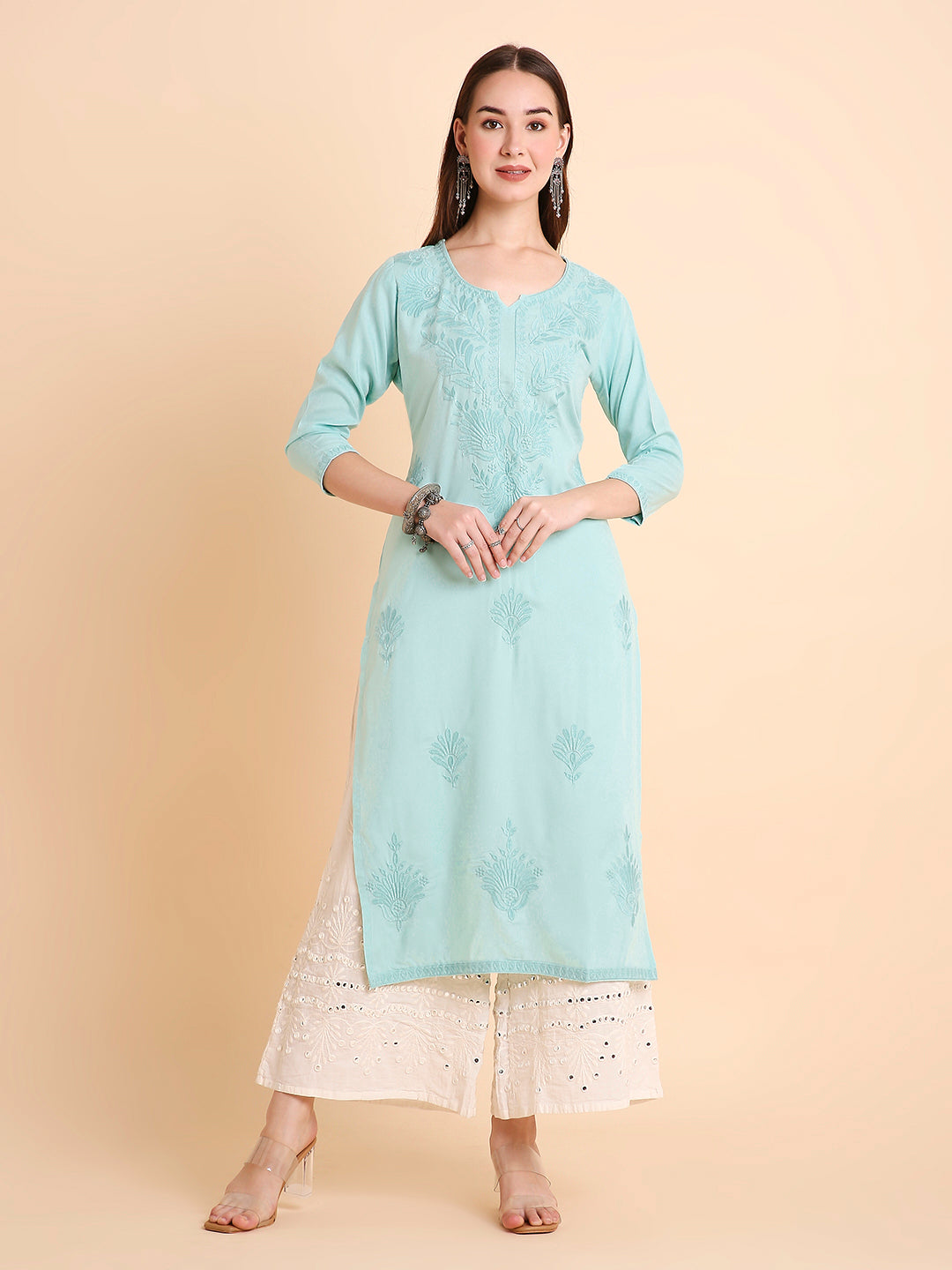 RATAN Women's Rayon Straight Lucknowi Chikankari Ethnic Wear Kurta