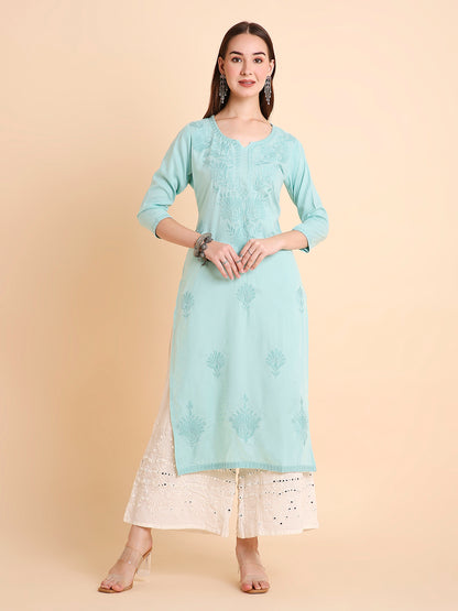 RATAN Women's Rayon Straight Lucknowi Chikankari Ethnic Wear Kurta