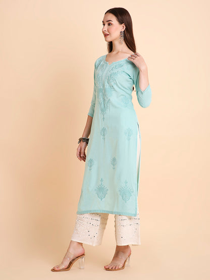 RATAN Women's Rayon Straight Lucknowi Chikankari Ethnic Wear Kurta