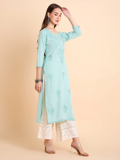 RATAN Women's Rayon Straight Lucknowi Chikankari Ethnic Wear Kurta