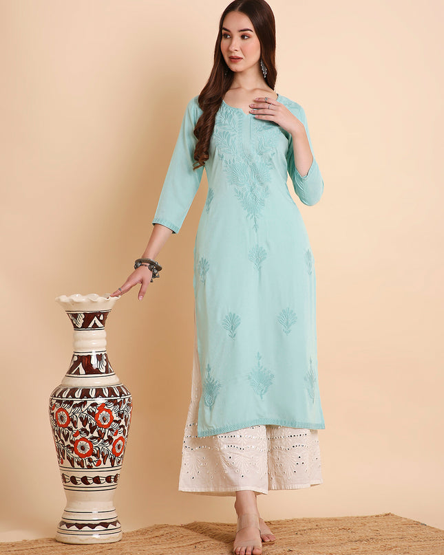 Rayon Straight Lucknowi Chikankari Ethnic Wear Kurta