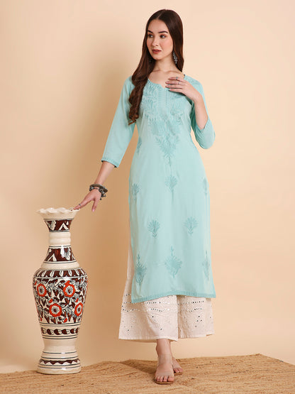 RATAN Women's Rayon Straight Lucknowi Chikankari Ethnic Wear Kurta