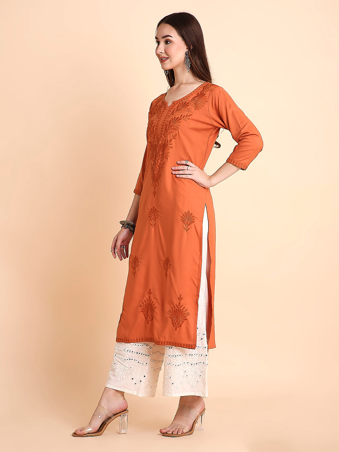 RATAN Women's Rayon Straight Lucknowi Chikankari Ethnic Wear Kurta