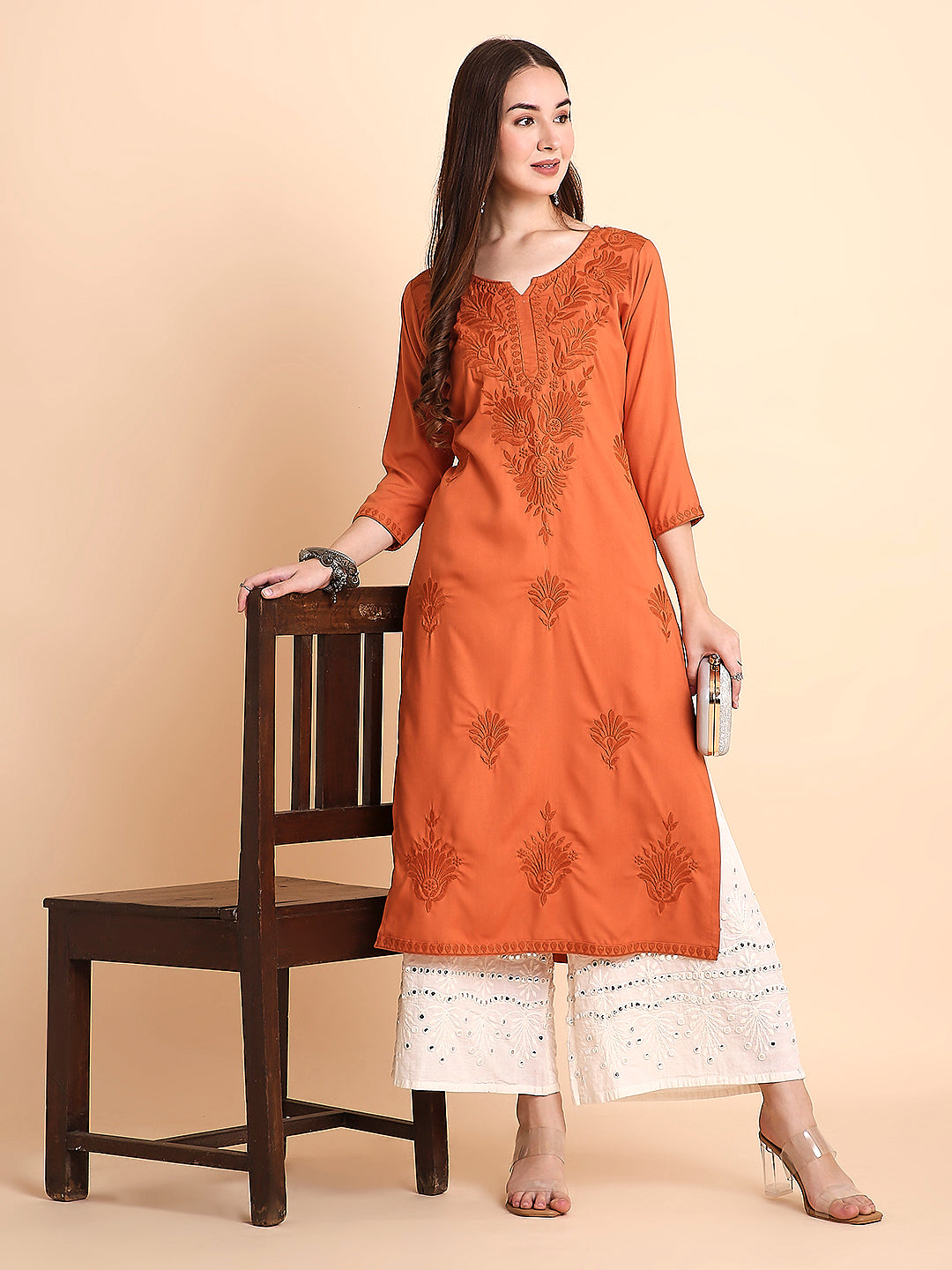 RATAN Women's Rayon Straight Lucknowi Chikankari Ethnic Wear Kurta